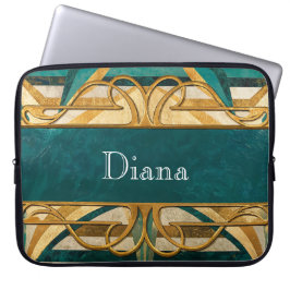 Art Deco Green and Gold Stripes Personalized Laptop Sleeve