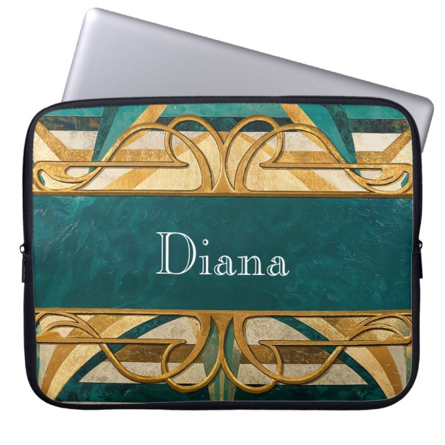 Art Deco Green and Gold Stripes Personalized Laptop Sleeve (Voorkant)