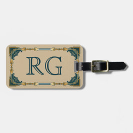 Art Deco Green en Gold Framed Monogram Bagagelabel