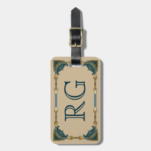 Art Deco Green en Gold Framed Monogram Bagagelabel (Voorkant verticaal)