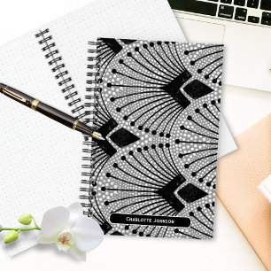 Art Deco Grijs Zwart Wit Elegant Pauw patroon Notitieboek
