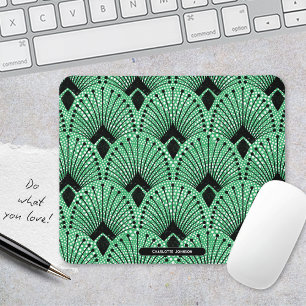 Art Deco Groen Zwart Wit Retro Pauw Patroon Muismat