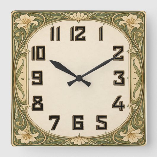 Art Deco Groene Bloem Vierkante Klok (Voorkant)