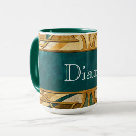 Art Deco groene en gouden strepen gepersonaliseerd Mok