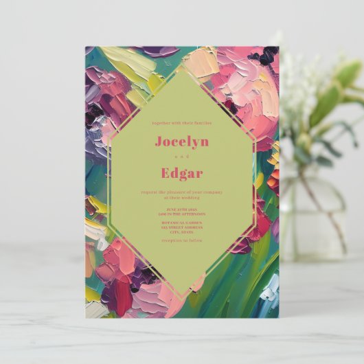 Art Deco Groovy Olieverfschilderij Bruiloft Kaart (Staand voorkant)