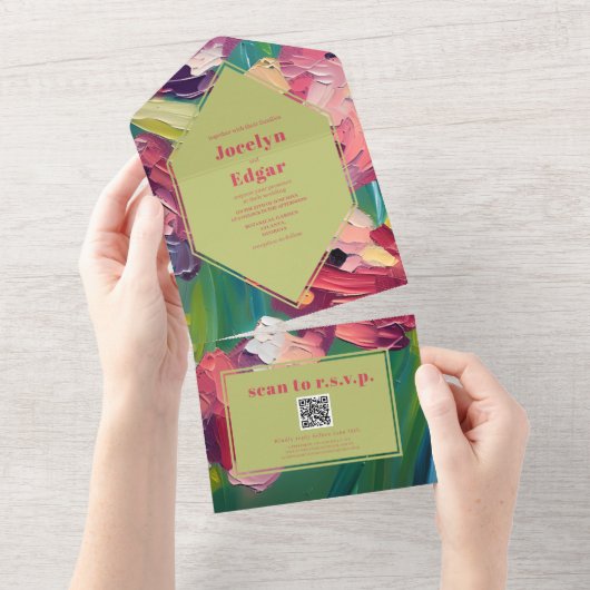 Art Deco Groovy Olieverfschilderij Bruiloft QR RSV All In One Uitnodiging (Afscheurbaar)