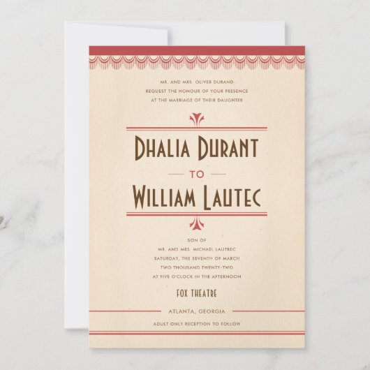 Art Deco  Grunge Red en Parchment Wedding Kaart (Voorkant)