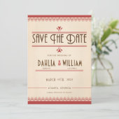 Art Deco  Grunge Stijl Perkament en Rood Save The Date (Staand voorkant)