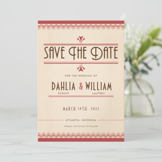 Art Deco Grunge Stijl Perkament en Rood Save The Date (Staand voorkant)