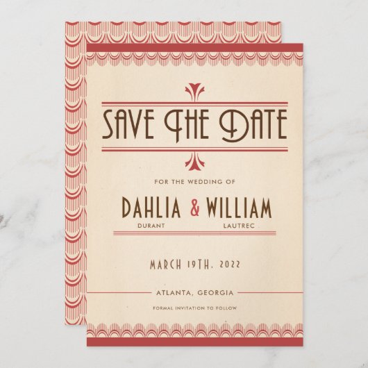 Art Deco Grunge Stijl Perkament en Rood Save The Date (Voorkant / Achterkant)