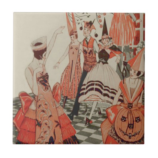 Art Deco Halloween-feest Zwarte Kat Pompoen Tegeltje (Voorkant)