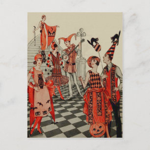 Art Deco Halloween-feest Zwarte Kat Uil Vleermuis Briefkaart