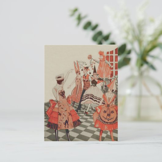 Art Deco Halloween Party Zwarte Kat Pompoen Uitnodiging Briefkaart (Staand voorkant)