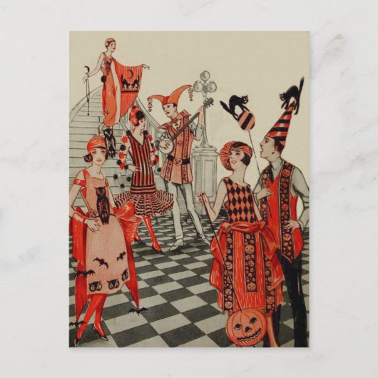 Art Deco Halloween Party Zwarte Kat Uil Bat Briefkaart (Voorkant)