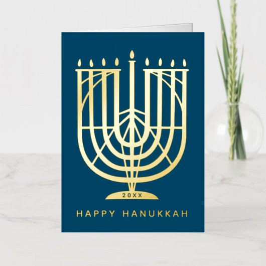 Art Deco Hanukkiah Menorah Happy Hanukkah Folie Feestdagenkaart (Voorkant)