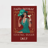 Art Deco Happy Birthday Cocktail Queen Bourgondië Kaart (Voorkant)