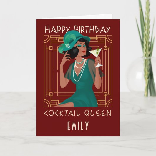 Art Deco Happy Birthday Cocktail Queen Bourgondië Kaart (Voorkant)