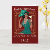 Art Deco Happy Birthday Cocktail Queen Bourgondië Kaart (Gele Bloem)