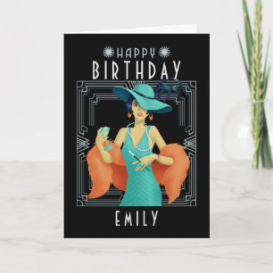 Art Deco Happy Birthday Name Twenties Vrouw Black Kaart