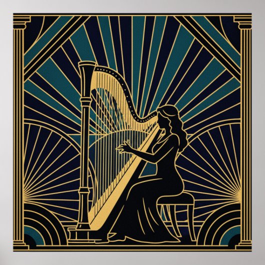 Art Deco Harpist Silhouette Poster Gold and Black (Voorkant)