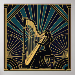 Art Deco Harpist Silhouette Poster Goud en Zwart 