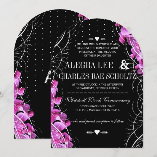 Art Deco Heirloom Sweet Pea op Black Wedding Kaart (Voorkant / Achterkant)