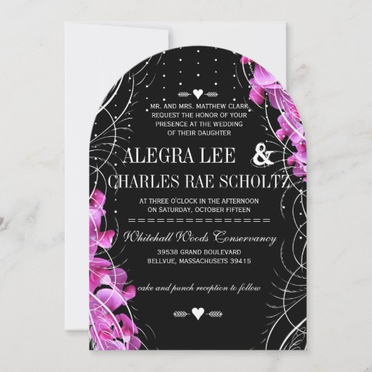 Art Deco Heirloom Sweet Pea op Black Wedding Kaart (Voorkant)