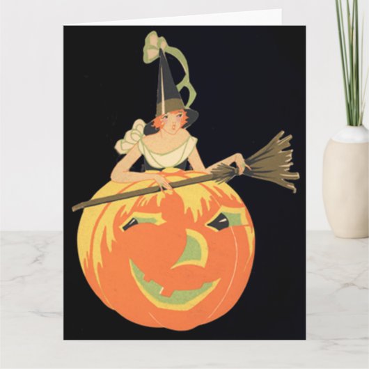 Art Deco Heks Jack O Lantern Pompoen Bezem Kaart (Voorkant)