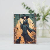 Art Deco Heks met Zwarte Kat en Volle Maan Briefkaart (Staand voorkant)