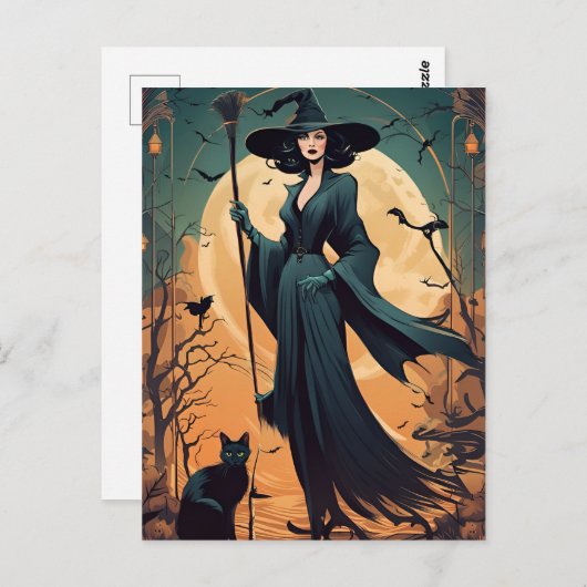 Art Deco Heks met Zwarte Kat en Volle Maan Briefkaart (Voorkant / Achterkant)