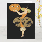 Art Deco Heksen Jack O Lantern Pompoen Zwarte Kat Kaart (Gele Bloem)