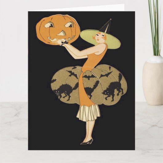 Art Deco Heksen Jack O Lantern Pompoen Zwarte Kat Kaart (Voorkant)