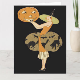Art Deco Heksen Jack O Lantern Pompoen Zwarte Kat Kaart