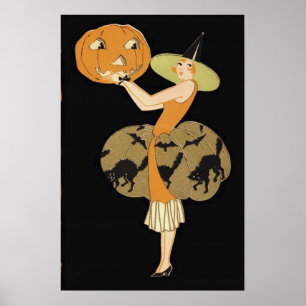 Art Deco Heksen Jack O Lantern Pompoen Zwarte Kat Poster