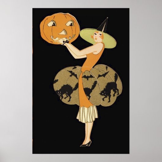 Art Deco Heksen Jack O Lantern Pompoen Zwarte Kat Poster (Voorkant)