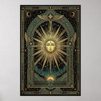 Art Deco Hemel Zon Gezicht Poster | Goud Teal