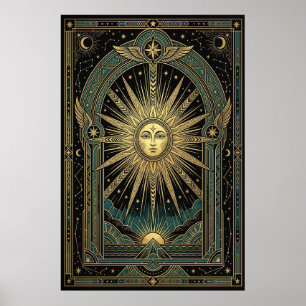 Art Deco Hemel Zon Gezicht Poster Goud Teal