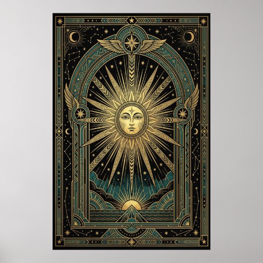 Art Deco Hemel Zon Gezicht Poster | Goud Teal (Voorkant)