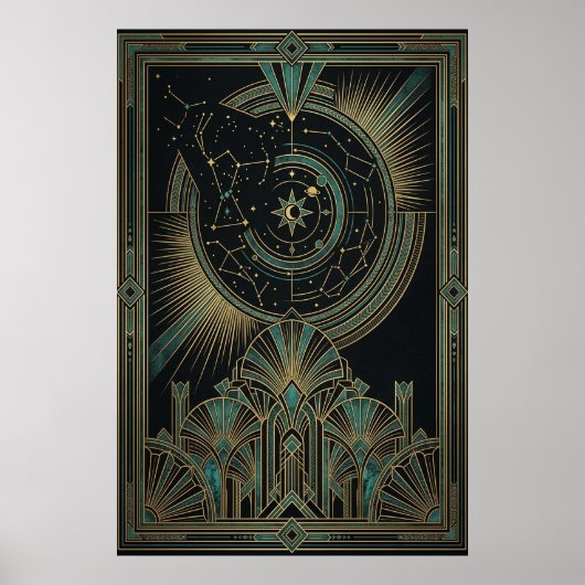 Art Deco Hemelkaart Astrolabe Poster | Goud Teal (Voorkant)