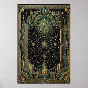 Art Deco Hemelkaart Poster   Goud Teal