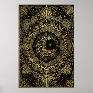 Art Deco Hemeltempelposter   Gouden Zonnestraal Poster