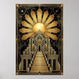 Art Deco Hemeltempelposter | Gouden Zonnestraal Poster