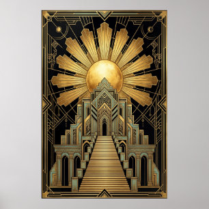 Art Deco Hemeltempelposter   Gouden Zonnestraal Poster