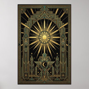 Art Deco Hemelzon & Maan Poster   Gouden Geometrie