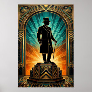 Art Deco Heren Silhouet Hoed Wandelstok Poster