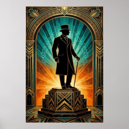 Art Deco Heren Silhouet Hoed Wandelstok Poster (Voorkant)