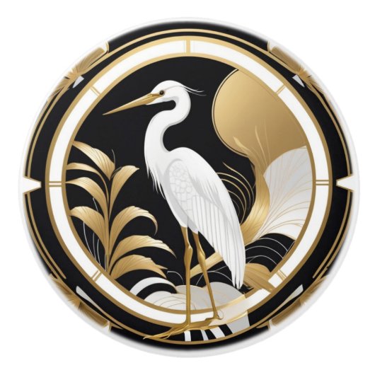 Art Deco Heron Bird Zwart Wit Goud Keramische Knop (Voorkant)