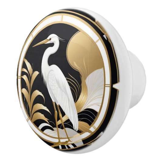 Art Deco Heron Bird Zwart Wit Goud Keramische Knop (Rechts)
