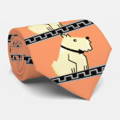 Art Deco Hond, Zwart + Zilver Griekse Key + Zalm B Stropdas (Opgerold)