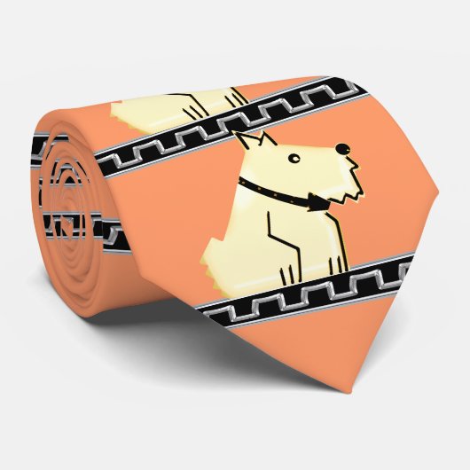 Art Deco Hond, Zwart + Zilver Griekse Key + Zalm B Stropdas (Opgerold)